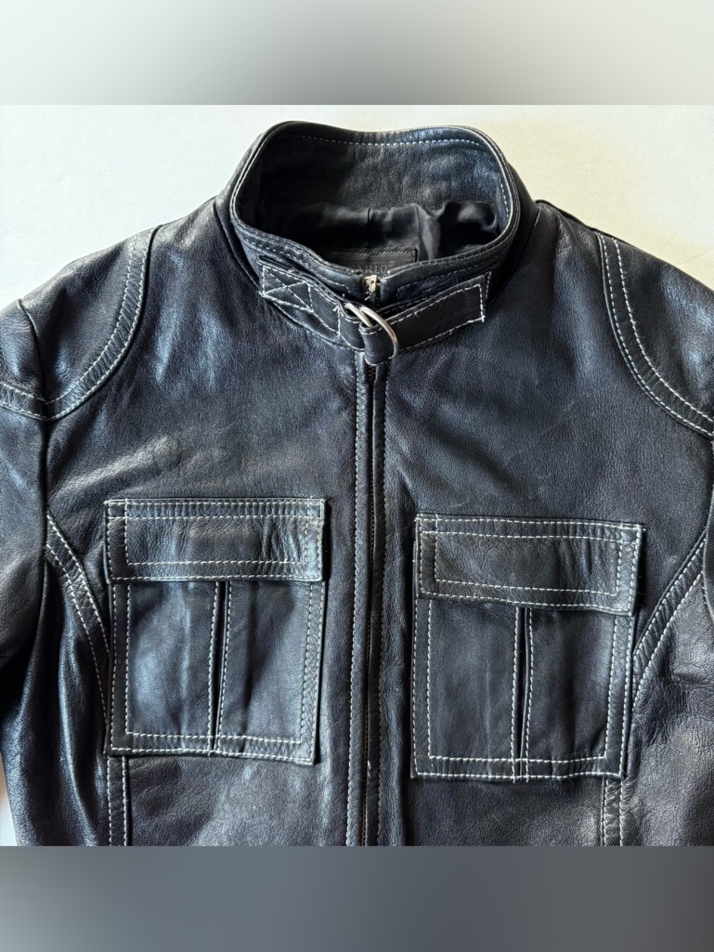 CARLO Moto Small Label EU Size 42 Jacket Black Leather White Stitching Juniors - Picture 8 of 16